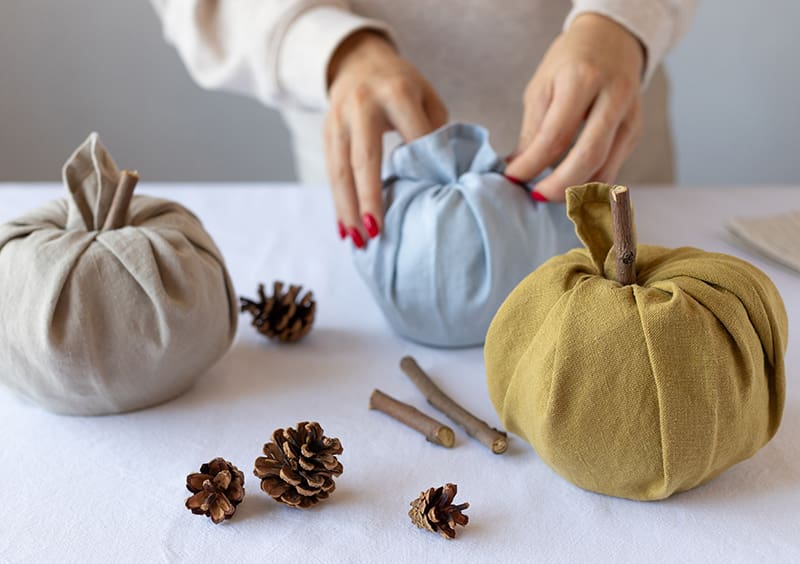 linen fabric pumpkins. Zero Waste Thanksgiving, Halloween decoration. Autumn home interior decor